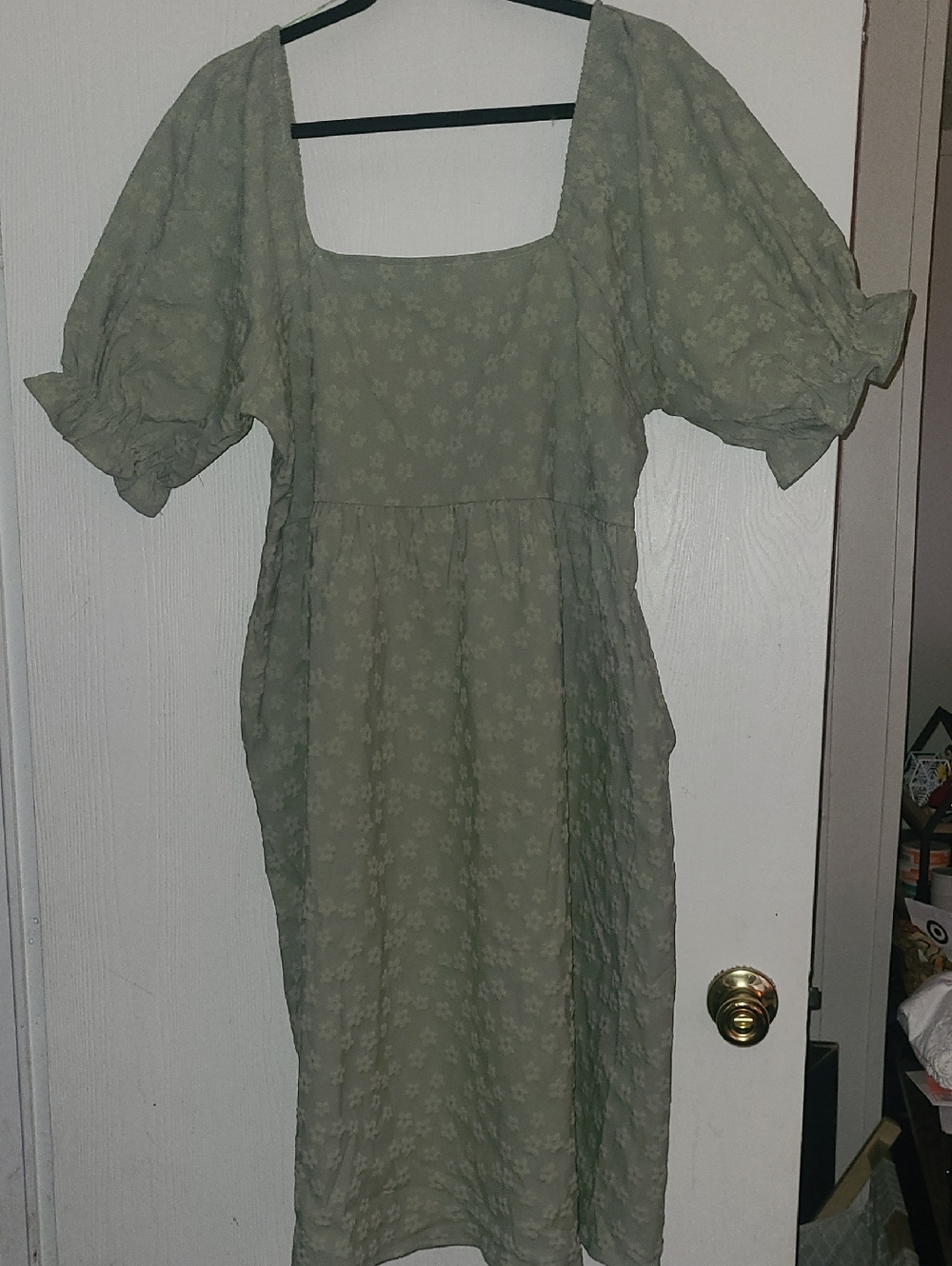 Light Minty Sage Square-Neck Puff Sleeve Midi Dress -NEVER WORN-